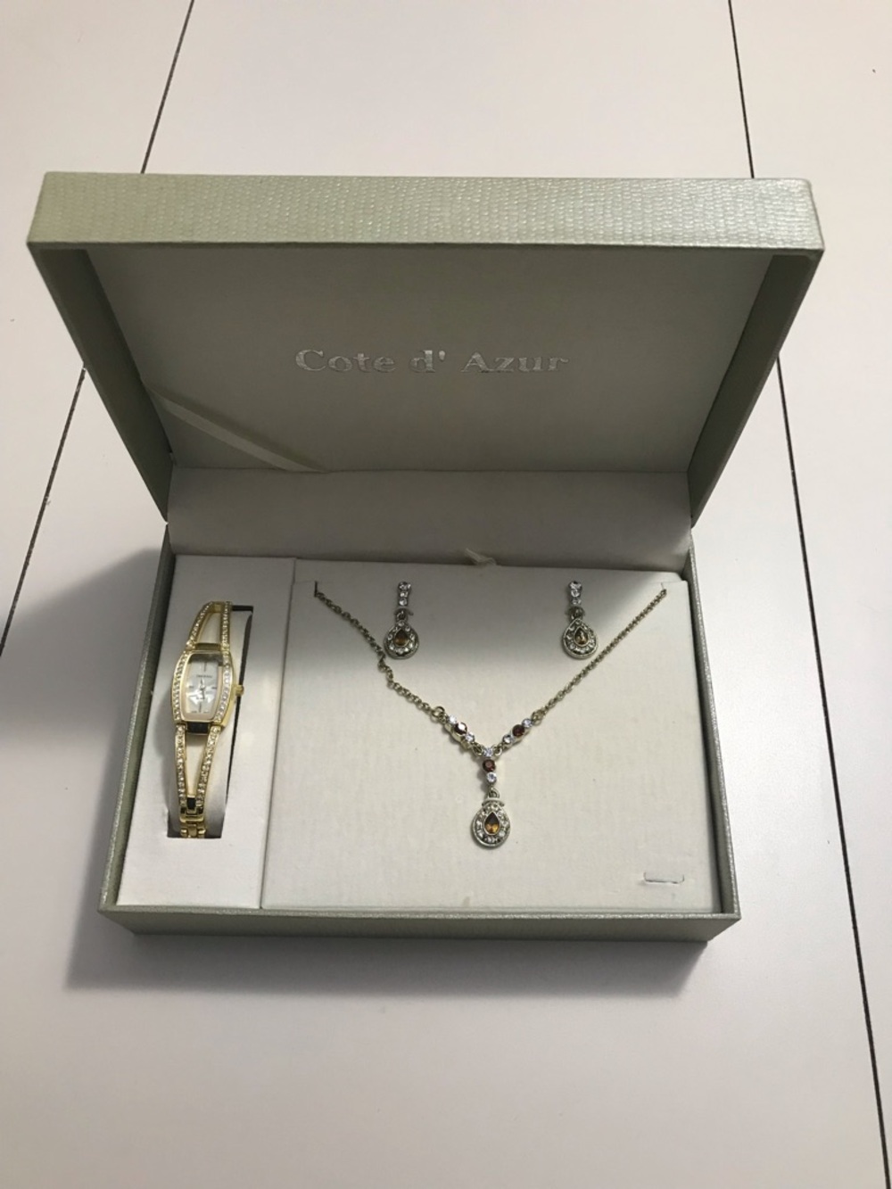 Cote d' Azur Gold Tone Watch Earring Necklace Set Mediterranean Style Classic